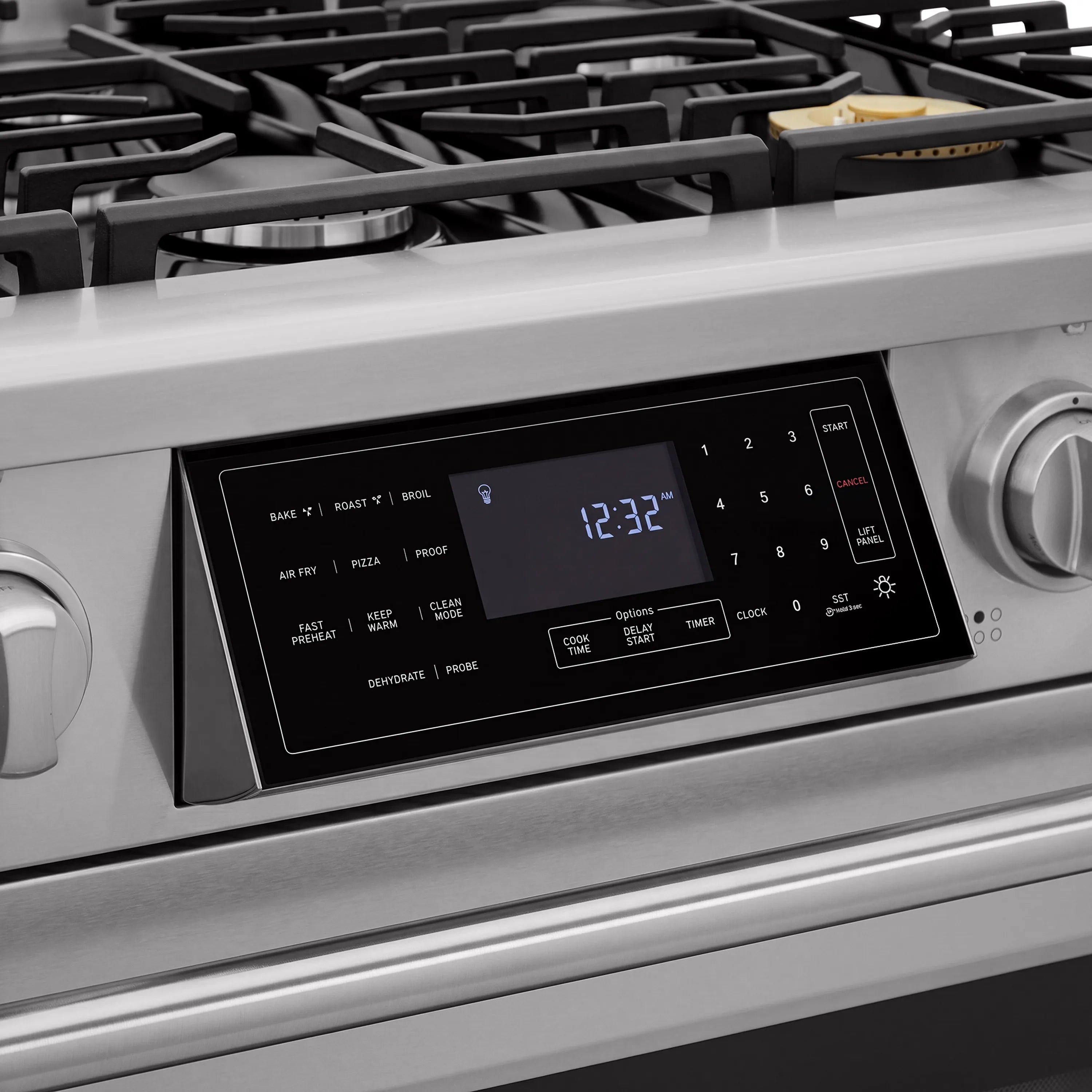 Gas range touch control panel with digital display and cooking settings
