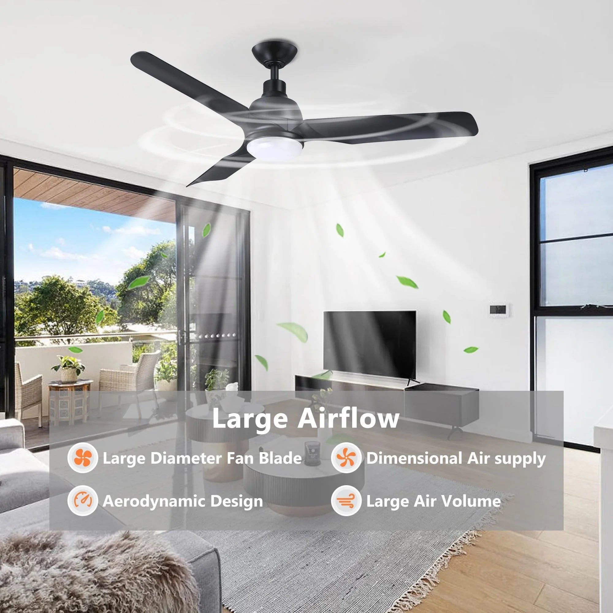 Black industrial ceiling fan with LED light and three reversible blades