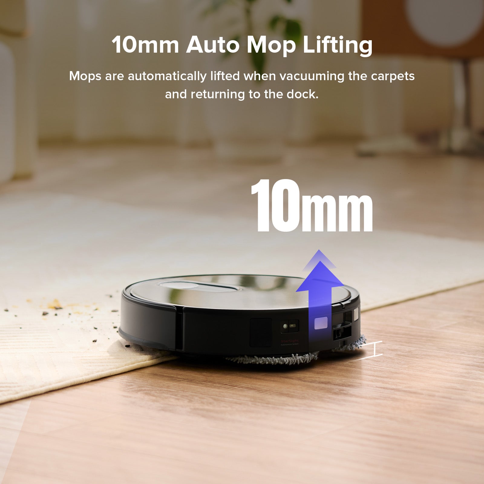 Robot vacuum with auto mop lifting for carpet clearance and returning to the dock