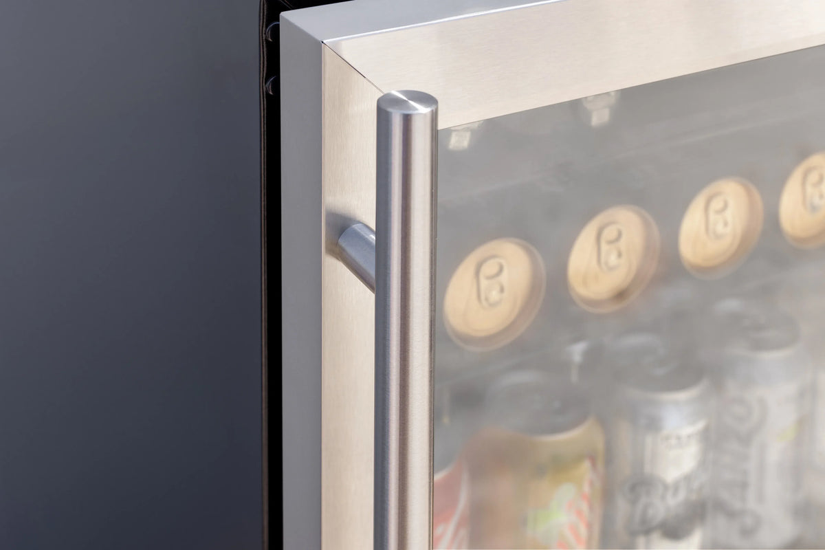 Outdoor fridge glass door frame with vertical stainless handle and interior shelves