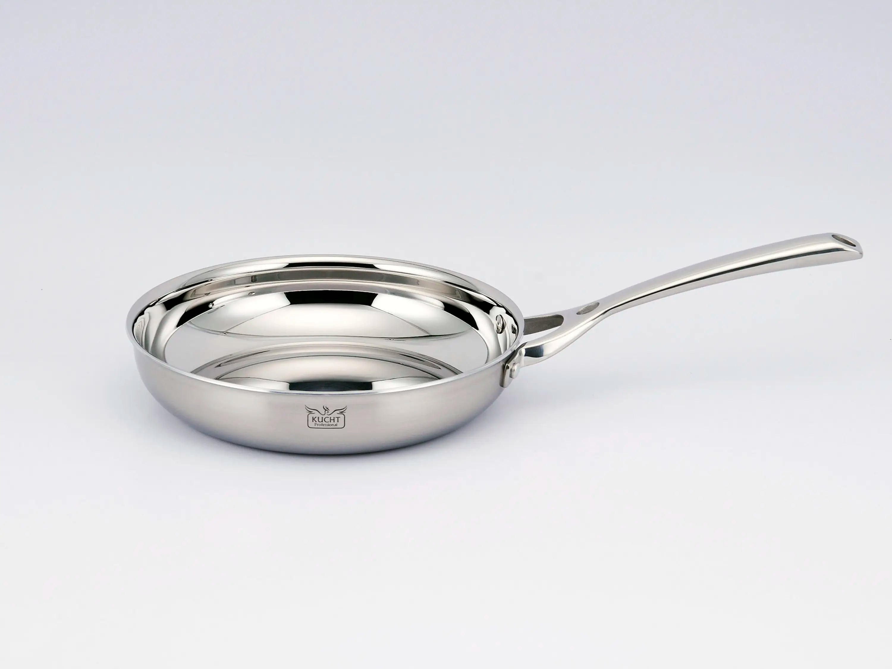 Stainless steel frying pan with long handle and polished interior