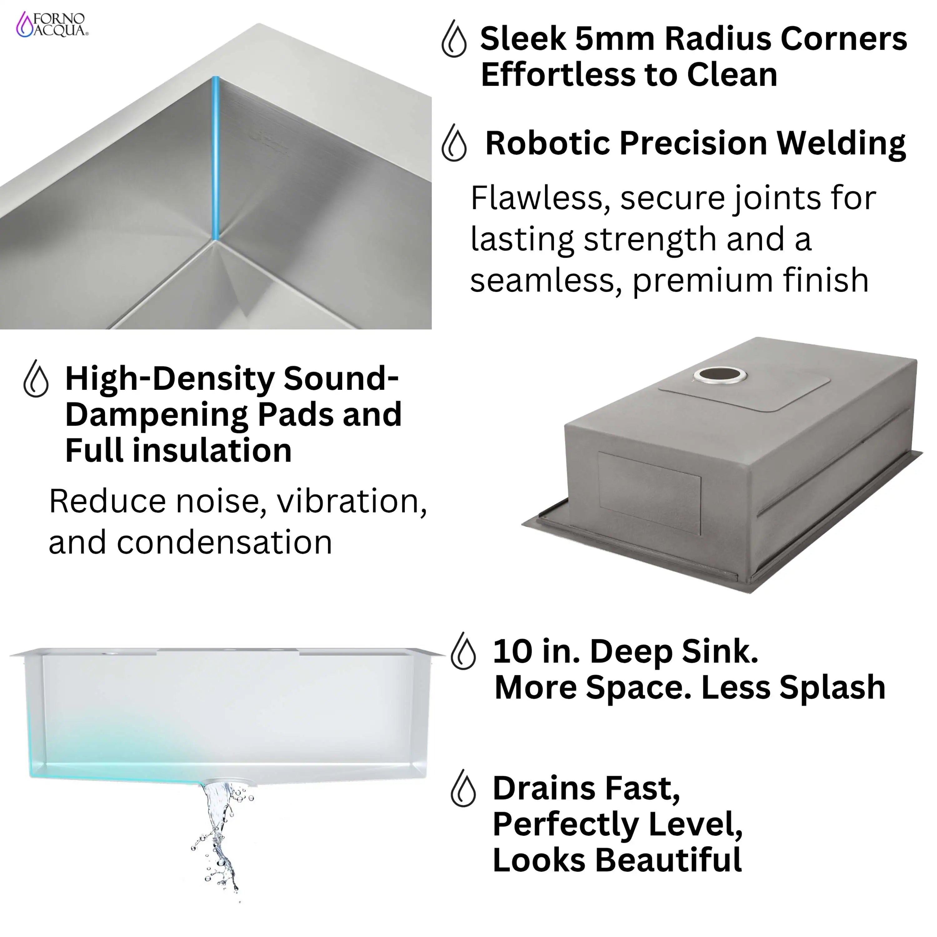 Stainless steel workstation sink with reinforced corners and sound-dampening insulation pads