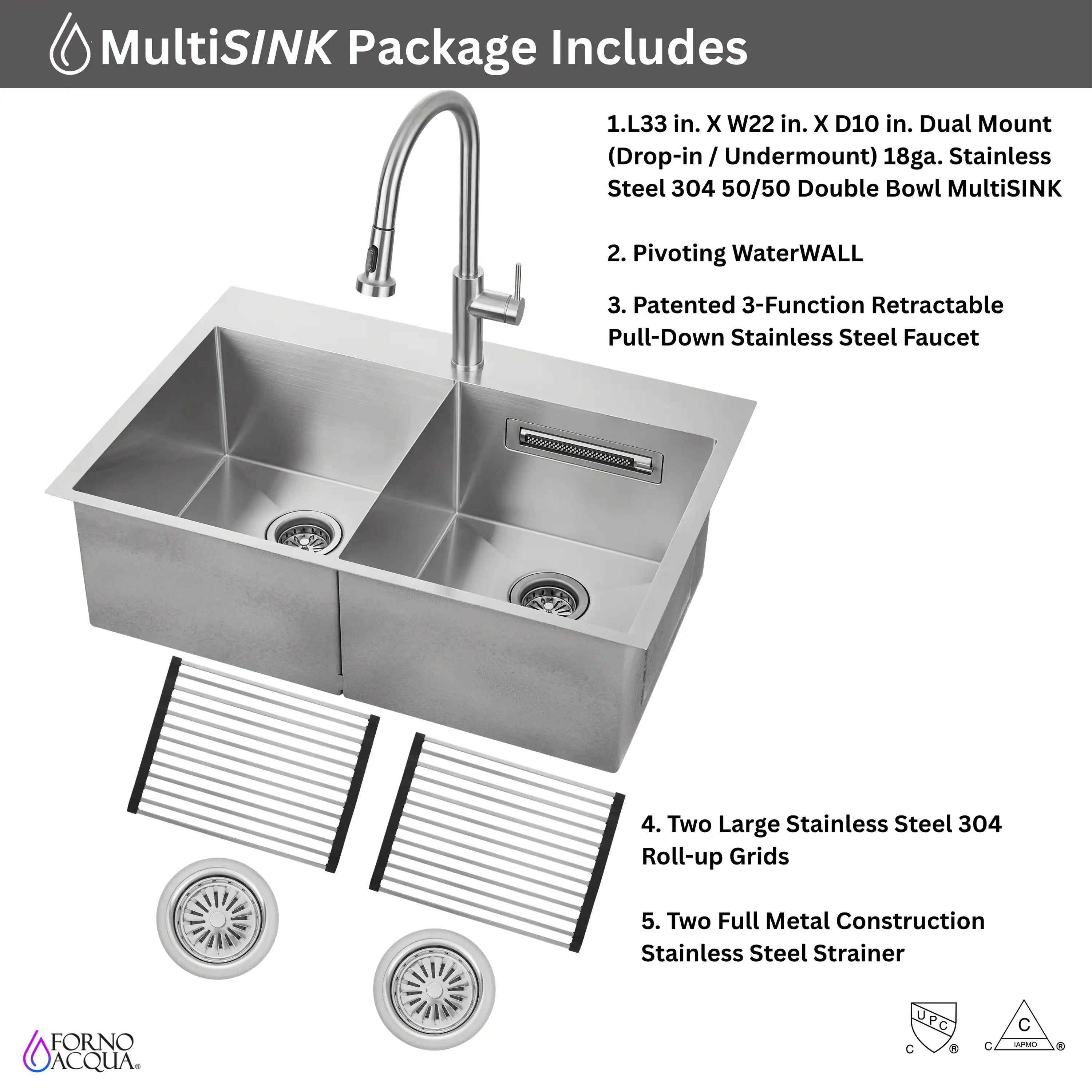 Stainless steel double-bowl sink package with pull-down waterfall faucet