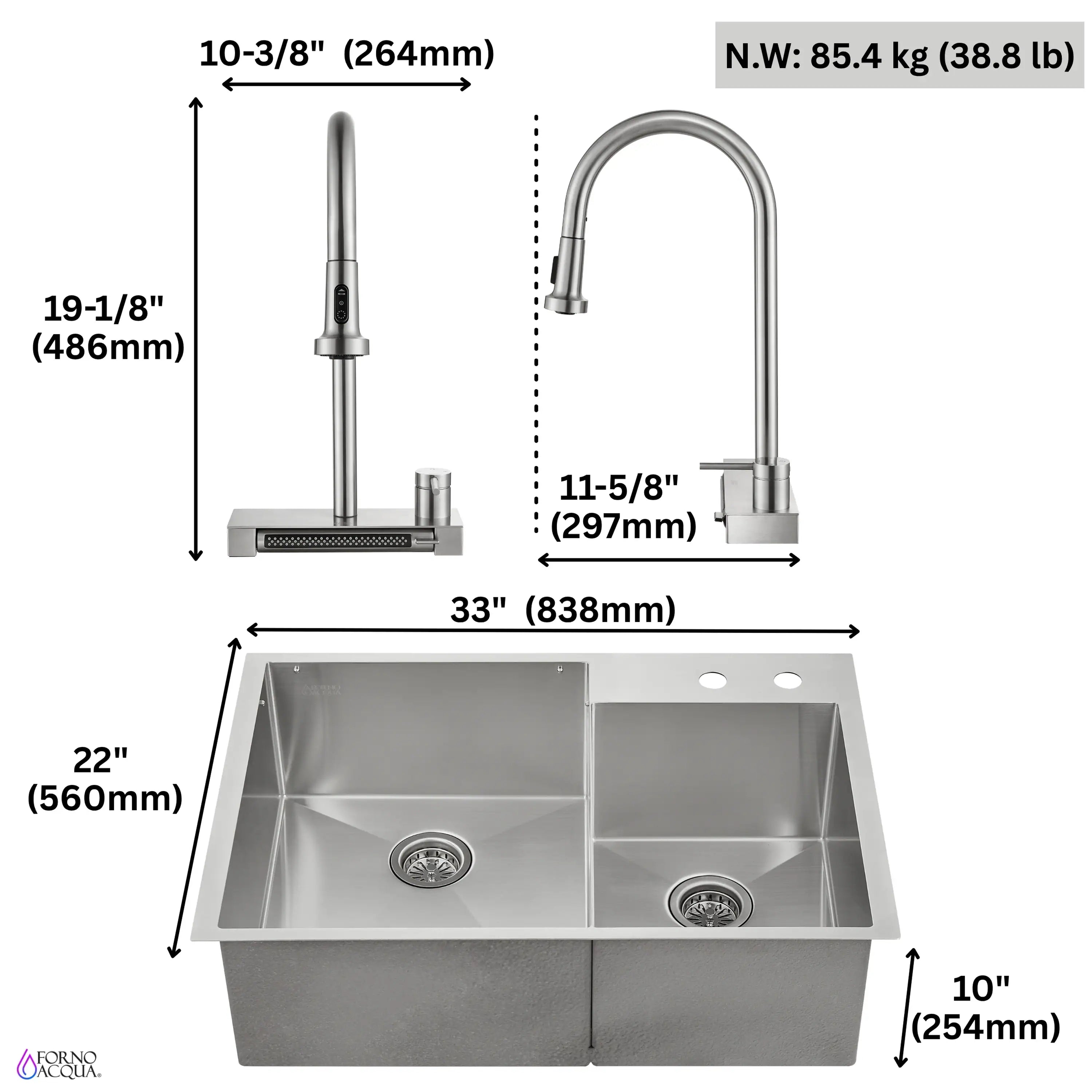 33-inch stainless steel double-bowl sink with waterfall faucet height and dimensions