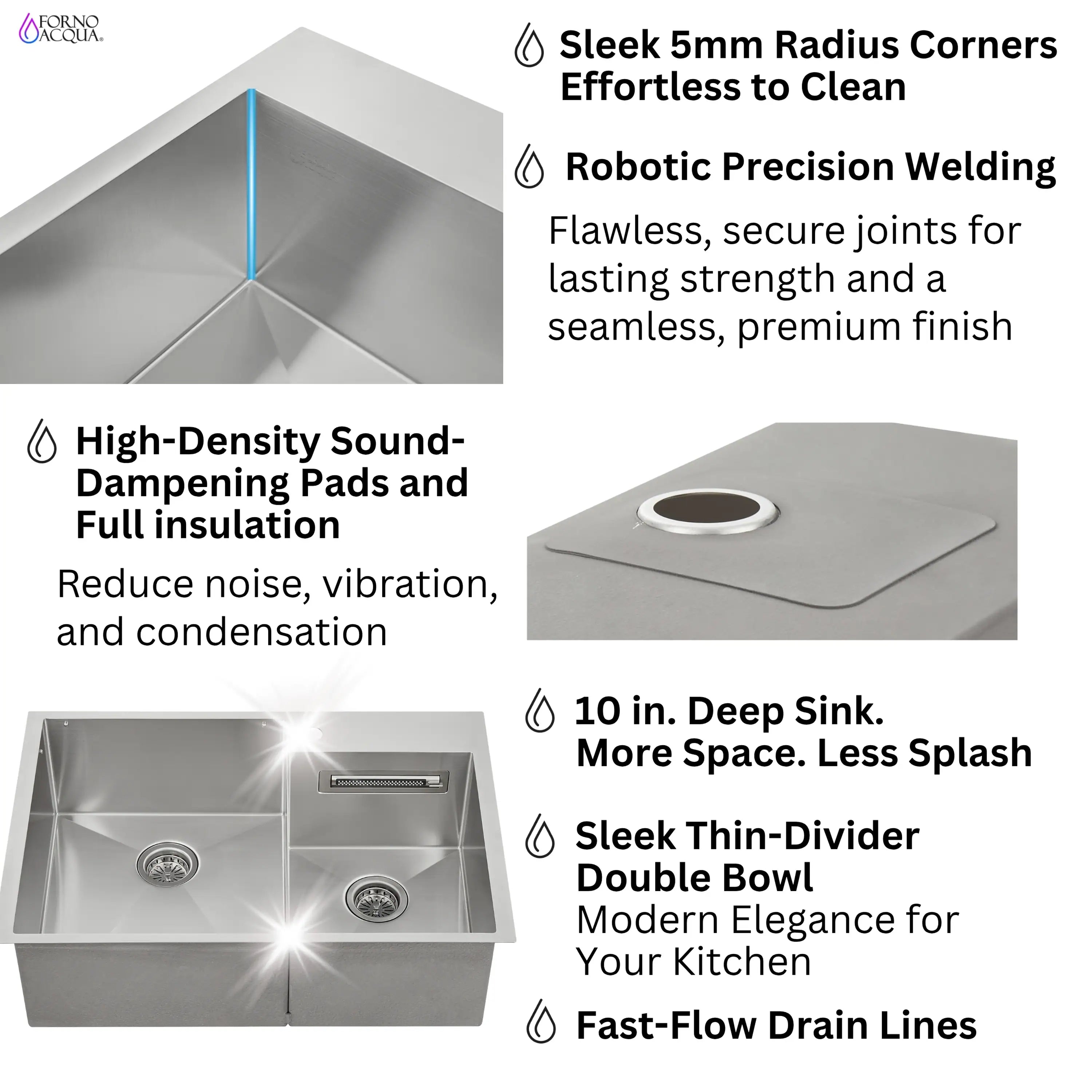 Stainless steel double-bowl sink with rounded corners, sound-dampening pads, and drain strainers