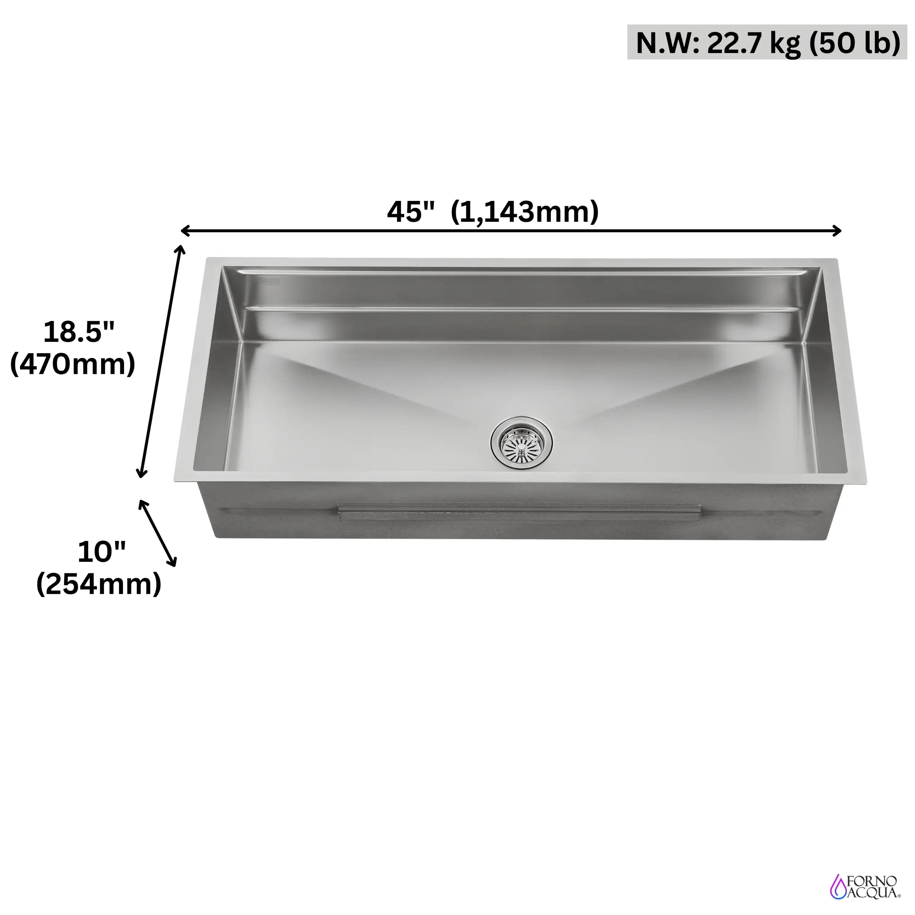 45-inch stainless sink basin with centered drain and labeled dimensions
