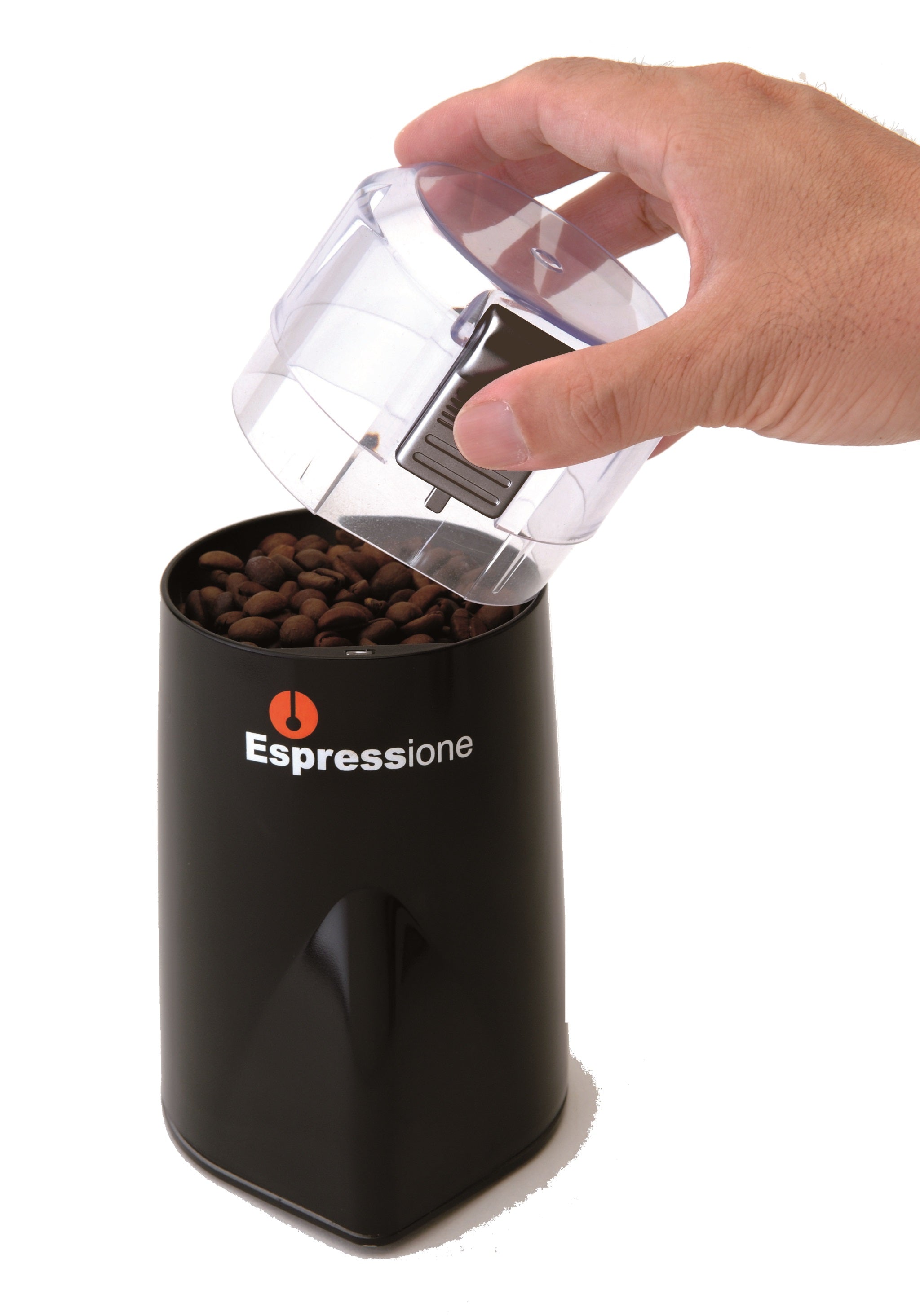Espressione rapid touch grinder, black body with clear lid; hand pressing top