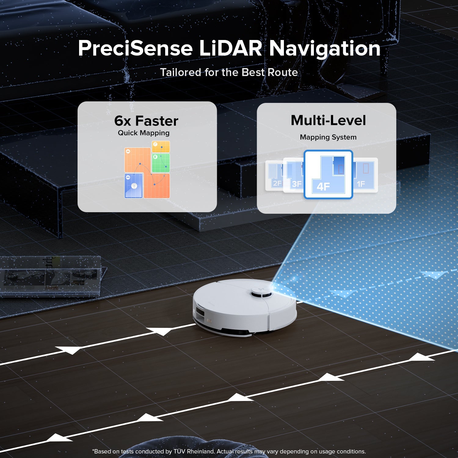 White robot vacuum and mop on tile floor with lidar navigation route overlay