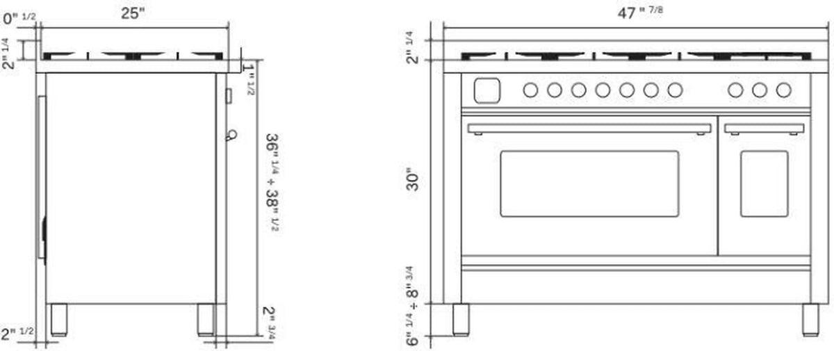 Matte graphite 48-inch induction range with front dimensions and appliance control area view.