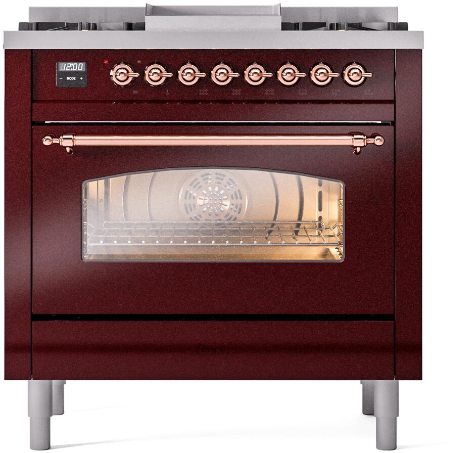 Burgundy oven with open glass door, copper handle, and visible interior rack