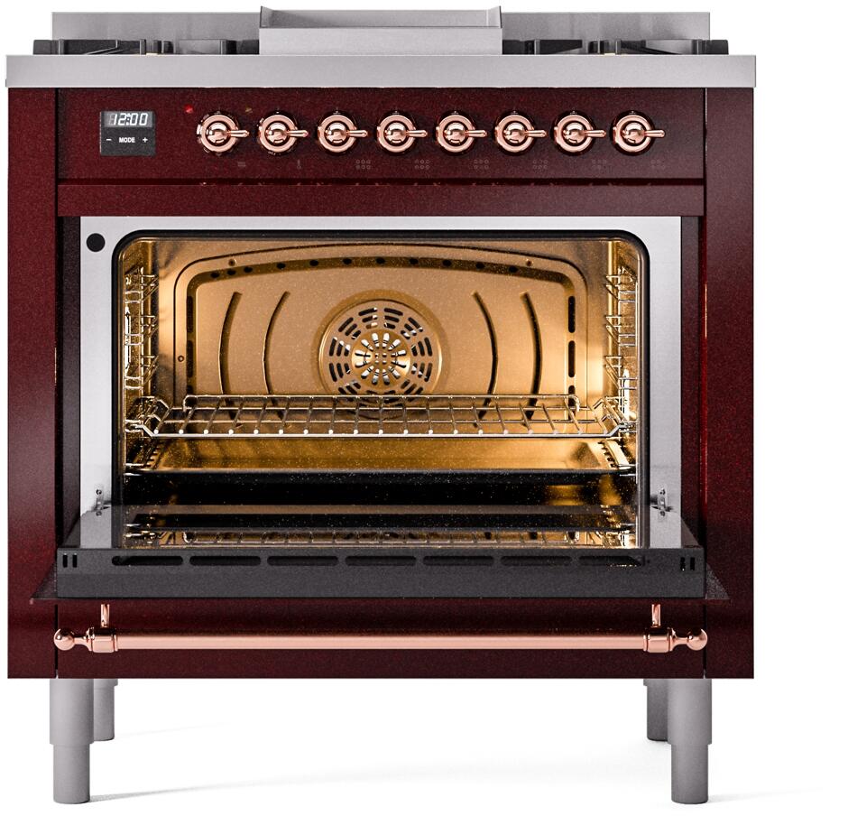 Burgundy oven interior with open door, heating element, and copper rack supports
