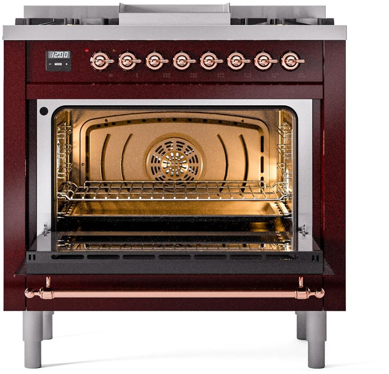 ILVE Nostalgie II 36-Inch Dual Fuel Freestanding Range in Burgundy with Copper Trim (UP36FNMPBUP)