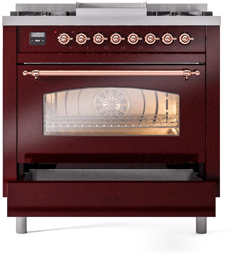 Burgundy range with oven door glass window, copper control bar, and black drawer below