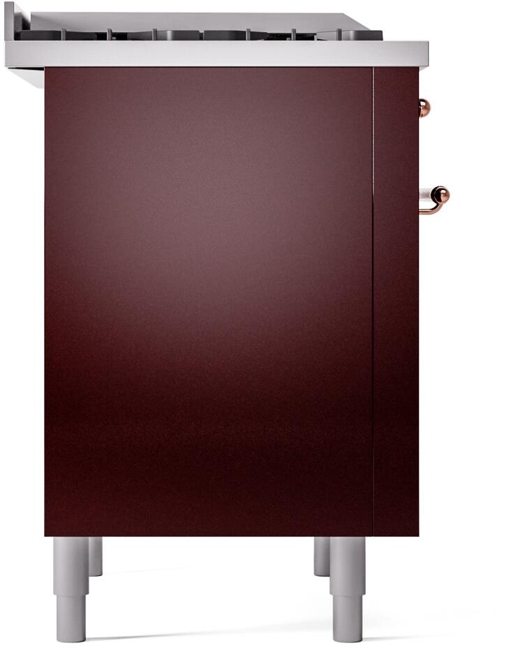 Burgundy rear side panel of freestanding range with copper handle accents and legs