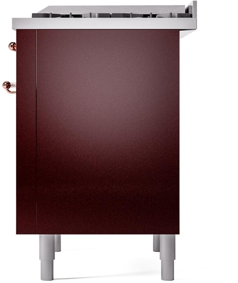 Burgundy rear panel of freestanding range with copper handle posts and leveling legs
