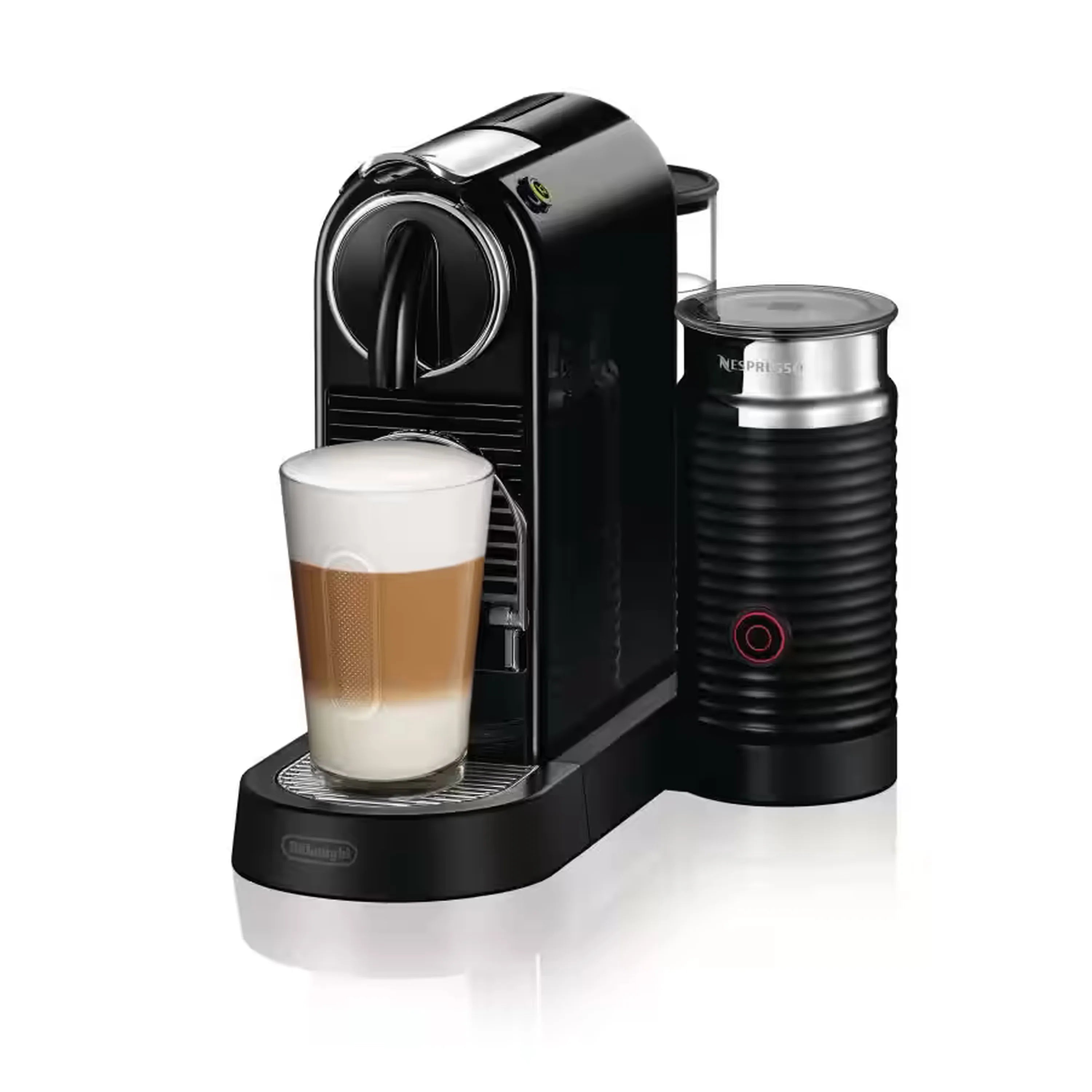 Black Nespresso Citiz espresso machine with cup on drip tray and tall capsule container