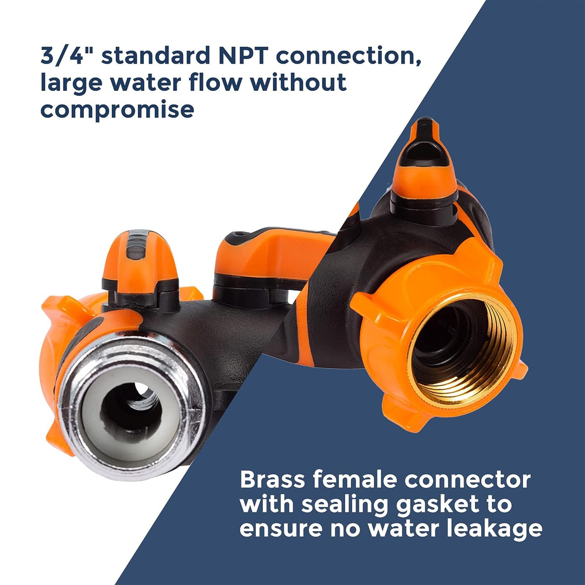 Metal hose splitter with two orange ports and brass female connector outlets