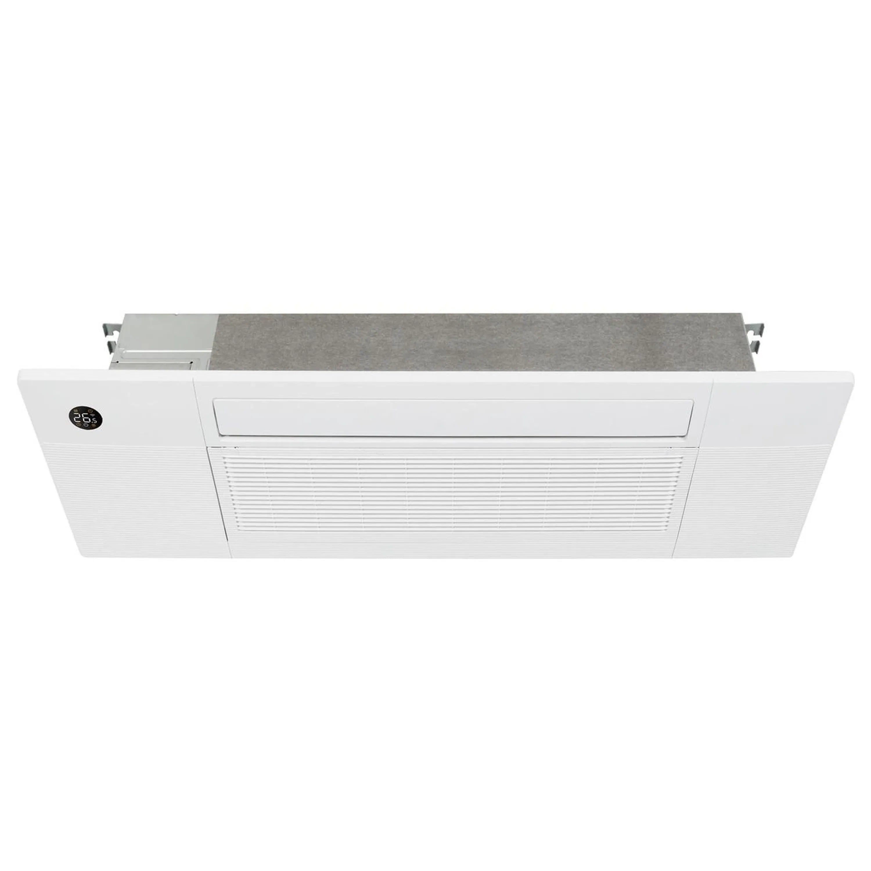 White ceiling cassette air handler with front intake grille and rectangular panel