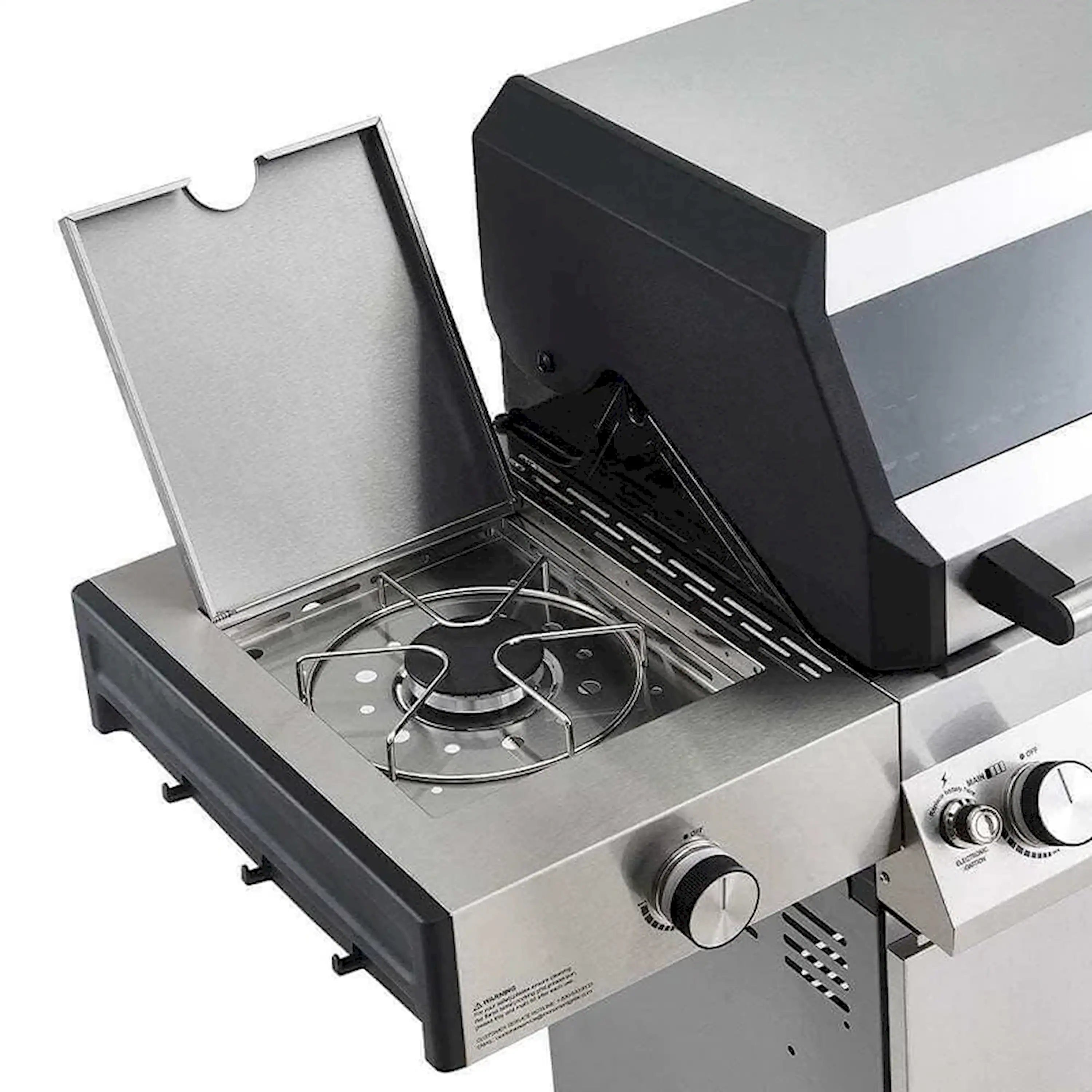 Stainless steel propane gas grill with open lid, central burner, and knobs