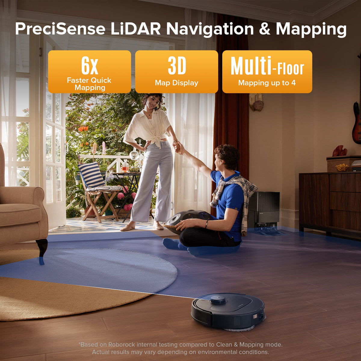Black robot vacuum navigating a living room area with lidar scanning sensors