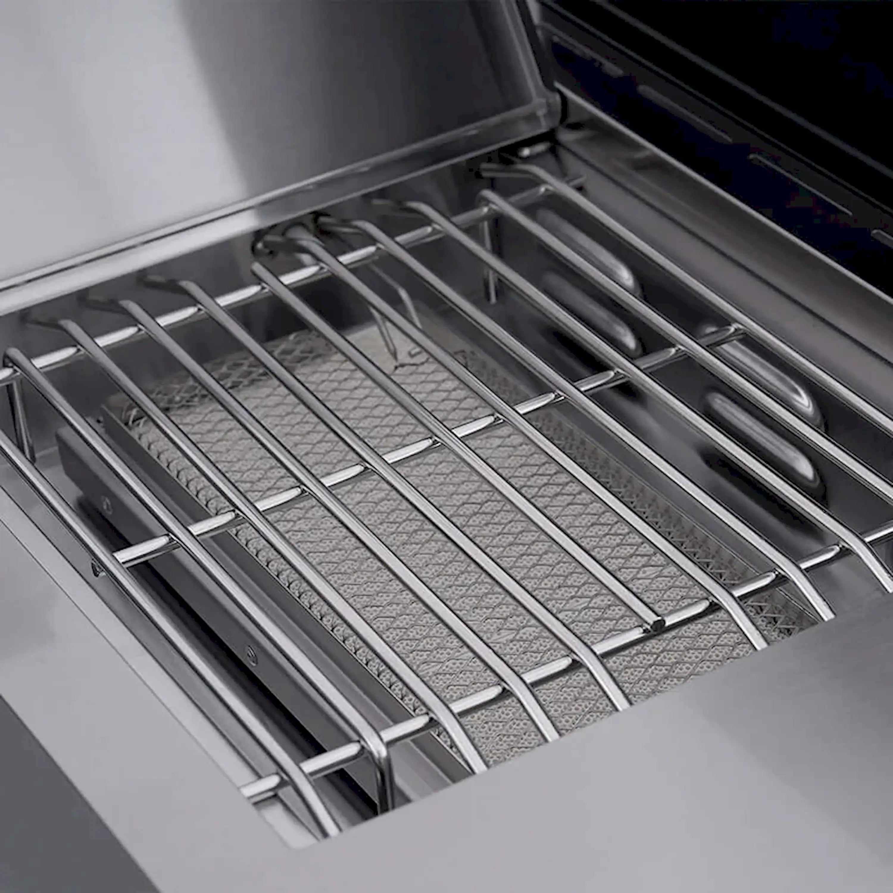 Stainless steel gas grill cooking grates with elevated warming rack bars