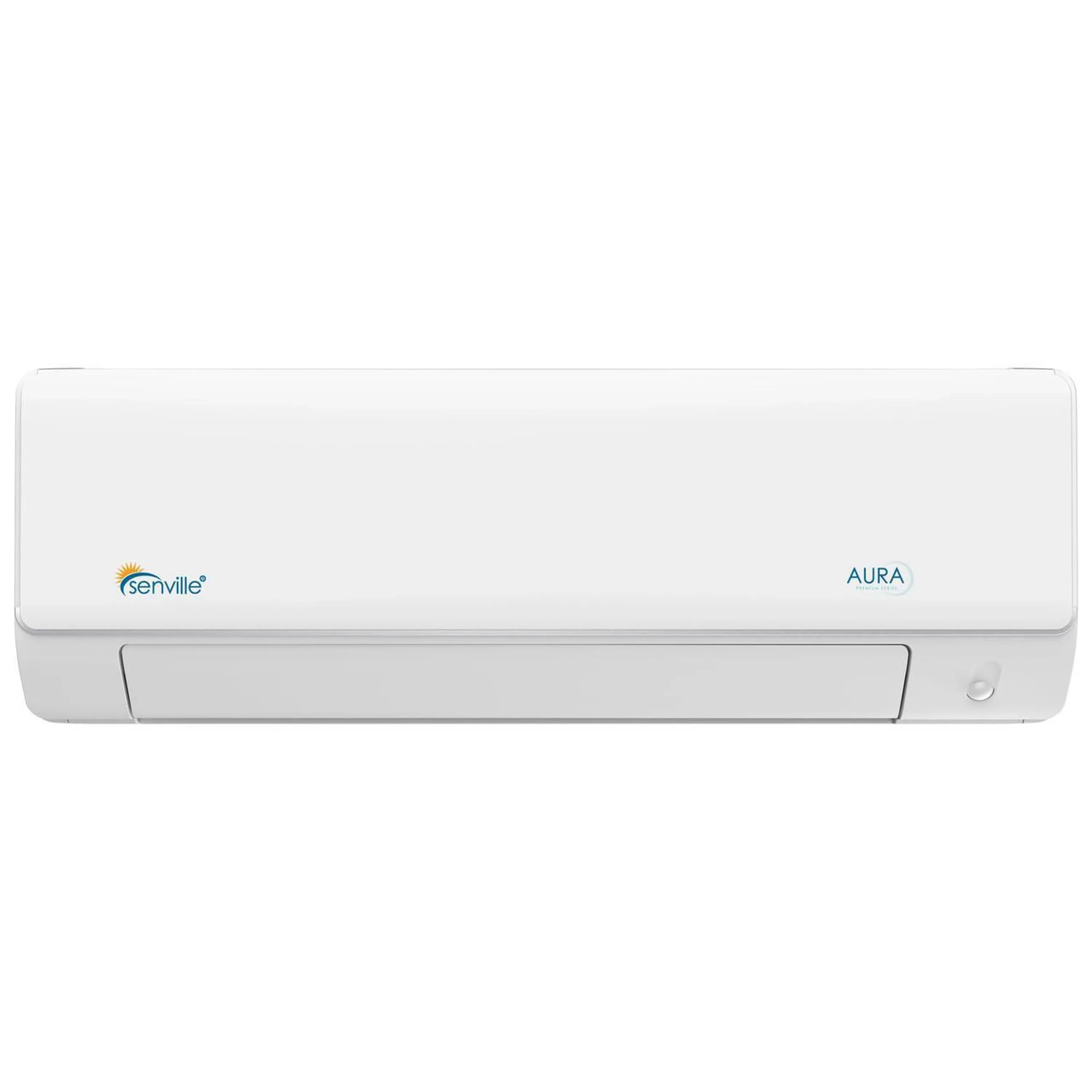 White wall-mount indoor air handler unit with AURA logo