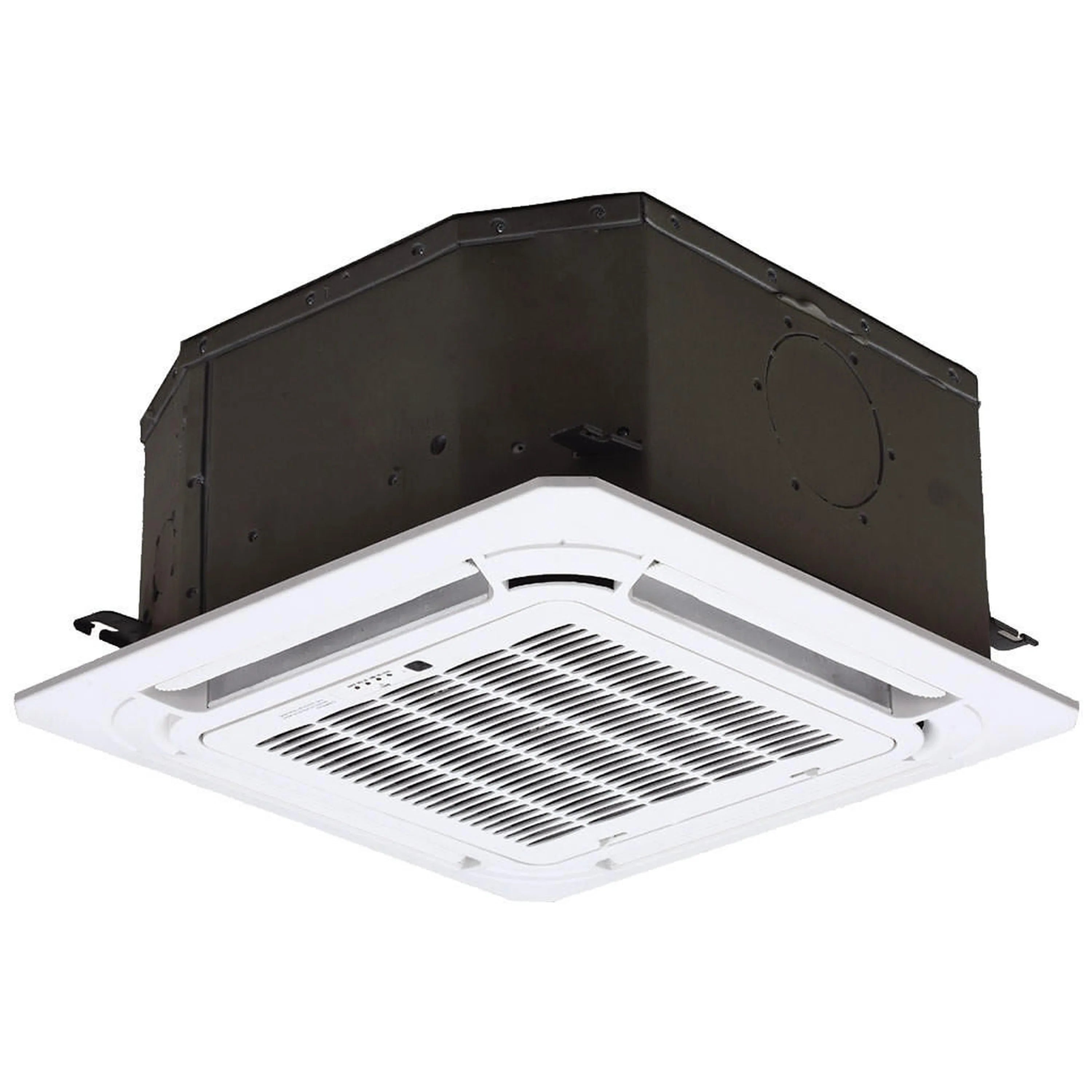 Ceiling cassette air handler unit with white grille and dark metal housing