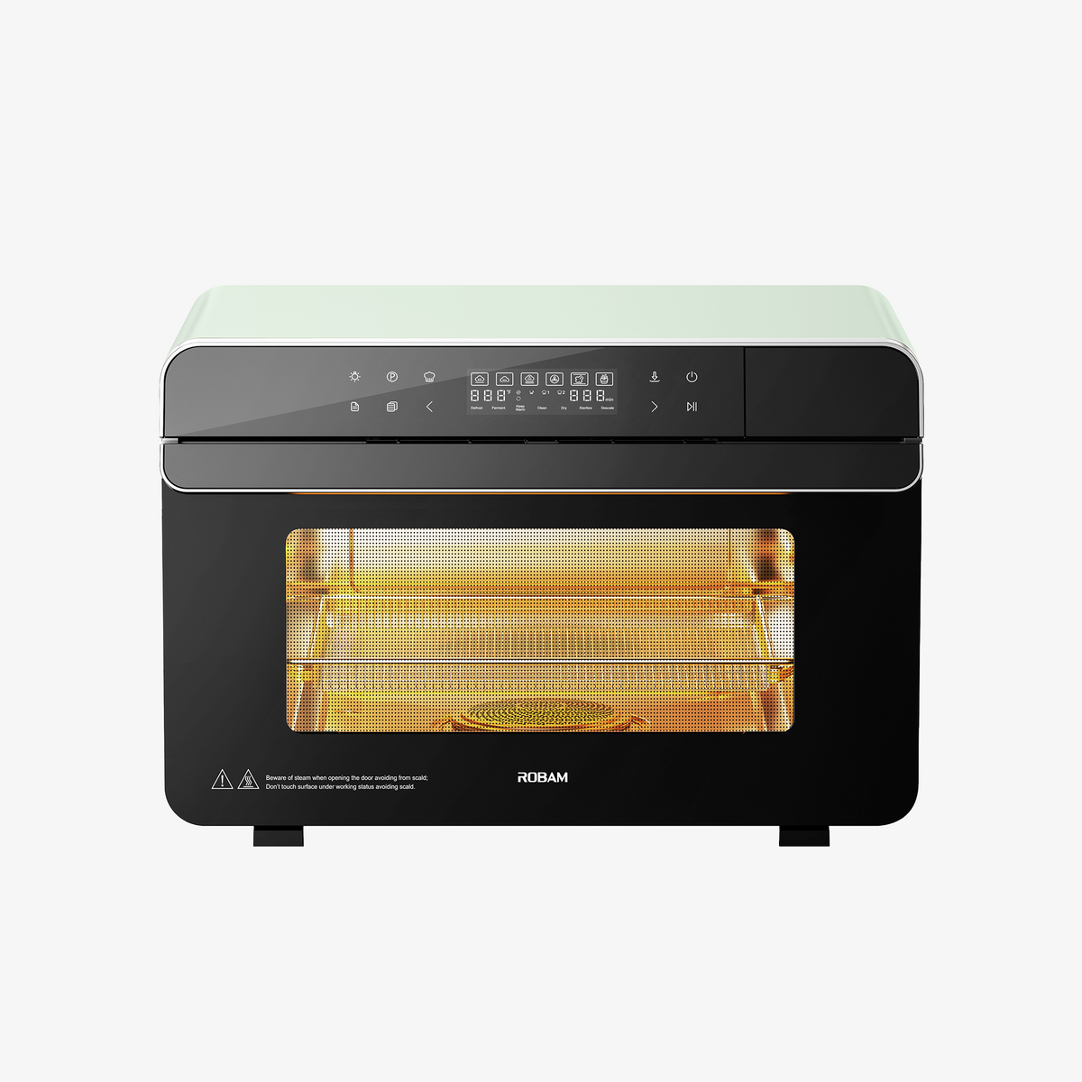 Mint-green ROBAM combi steam oven with front window and illuminated heating elements