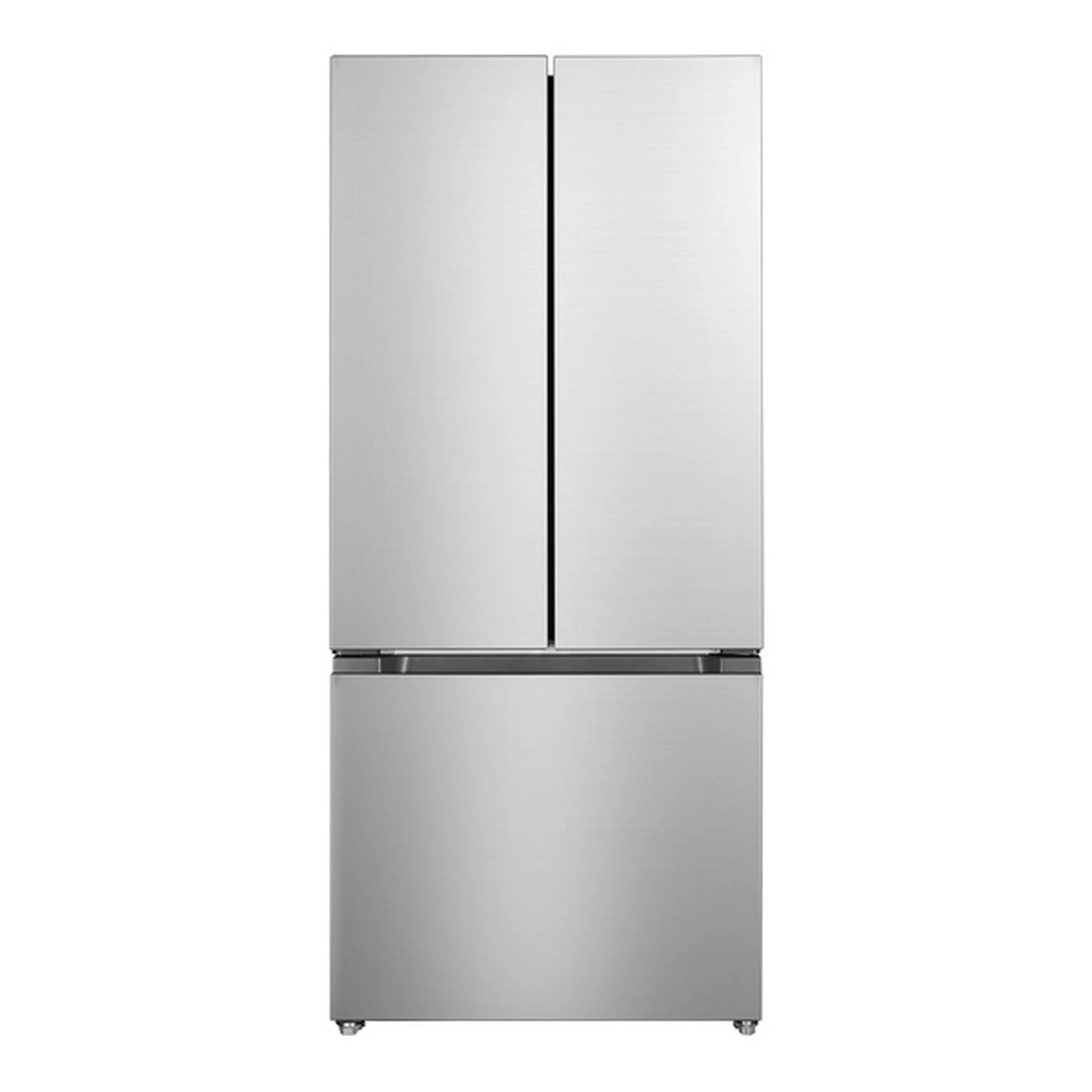 Stainless steel French door refrigerator with recessed handle and dual doors