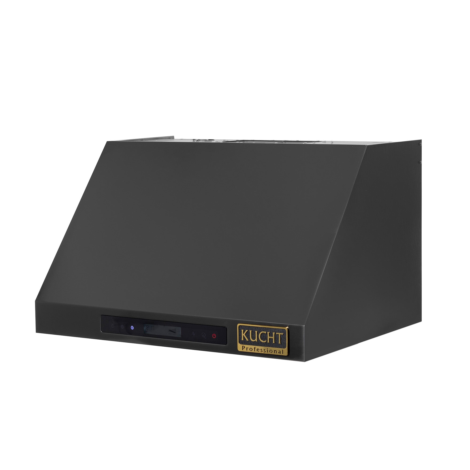Dark titanium under-cabinet range hood with front control display and angled side panel.