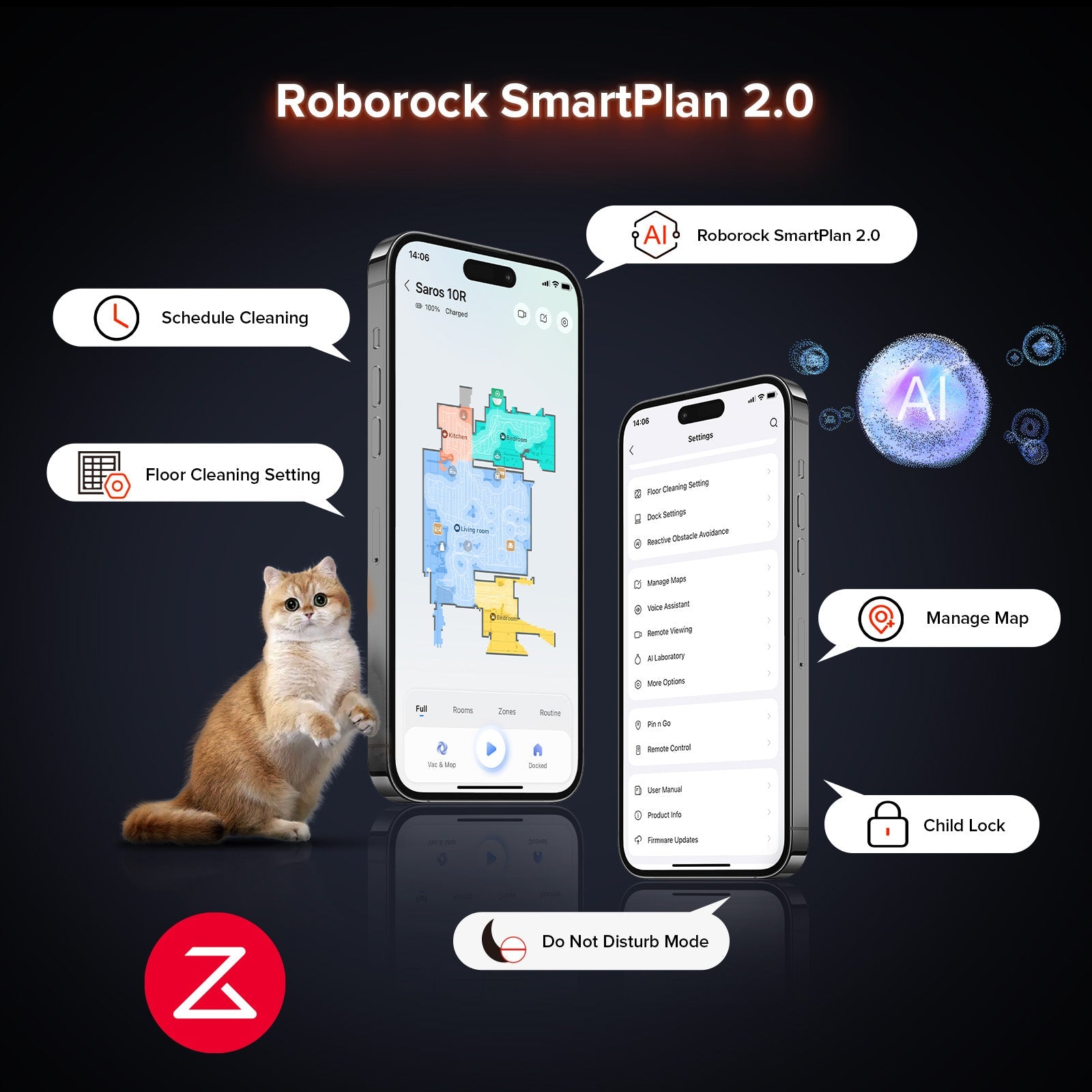 Roborock SmartPlan app on phones showing scheduling and map management controls