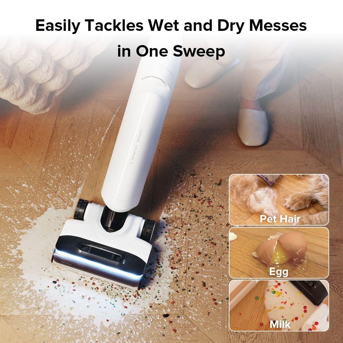 White wet and dry vacuum cleaner clearing wet messes with flat mop head and pet hair