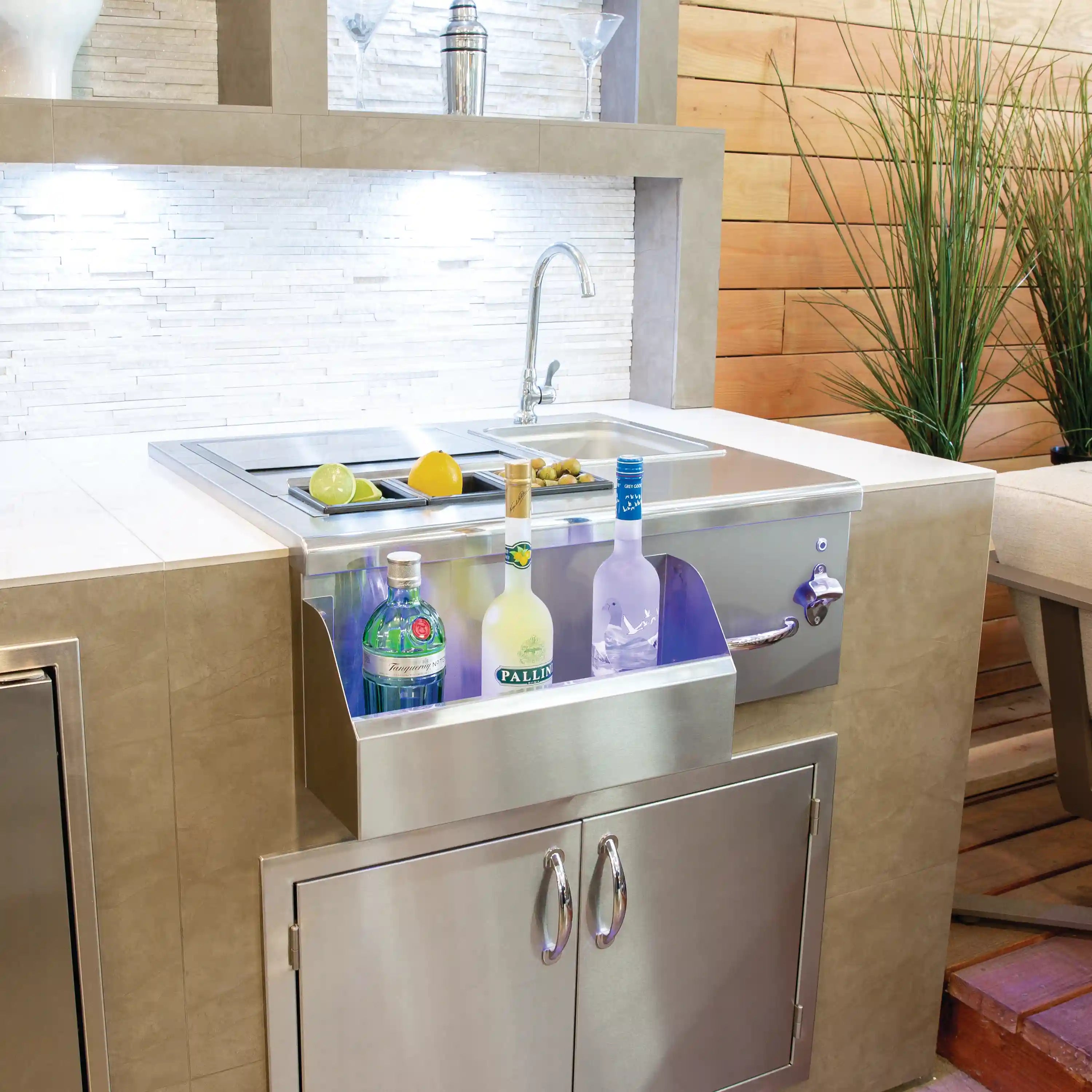 Stainless beverage center with sink and faucet, storage shelf for bottles
