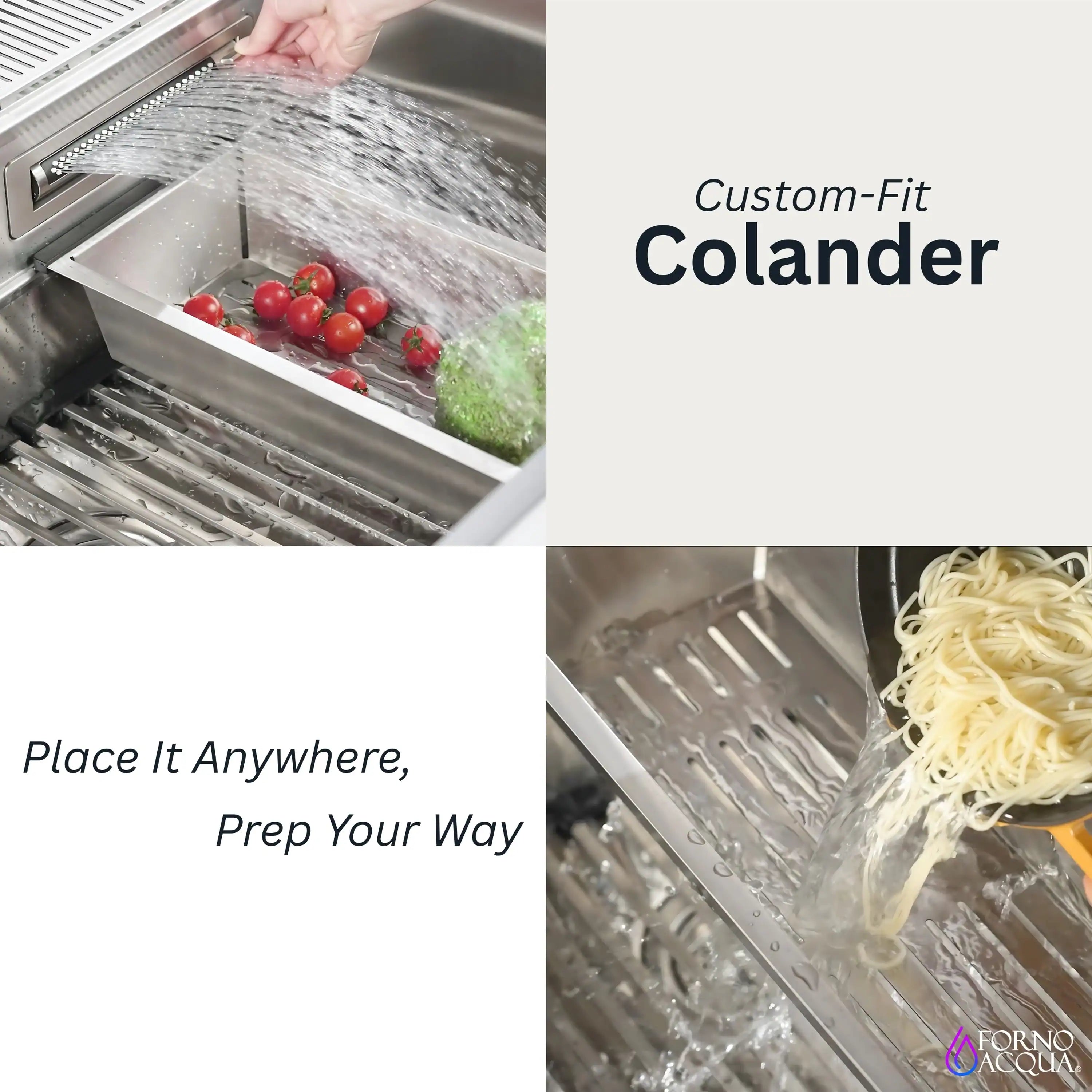 Custom-fit stainless colander accessory in sink for rinsing food