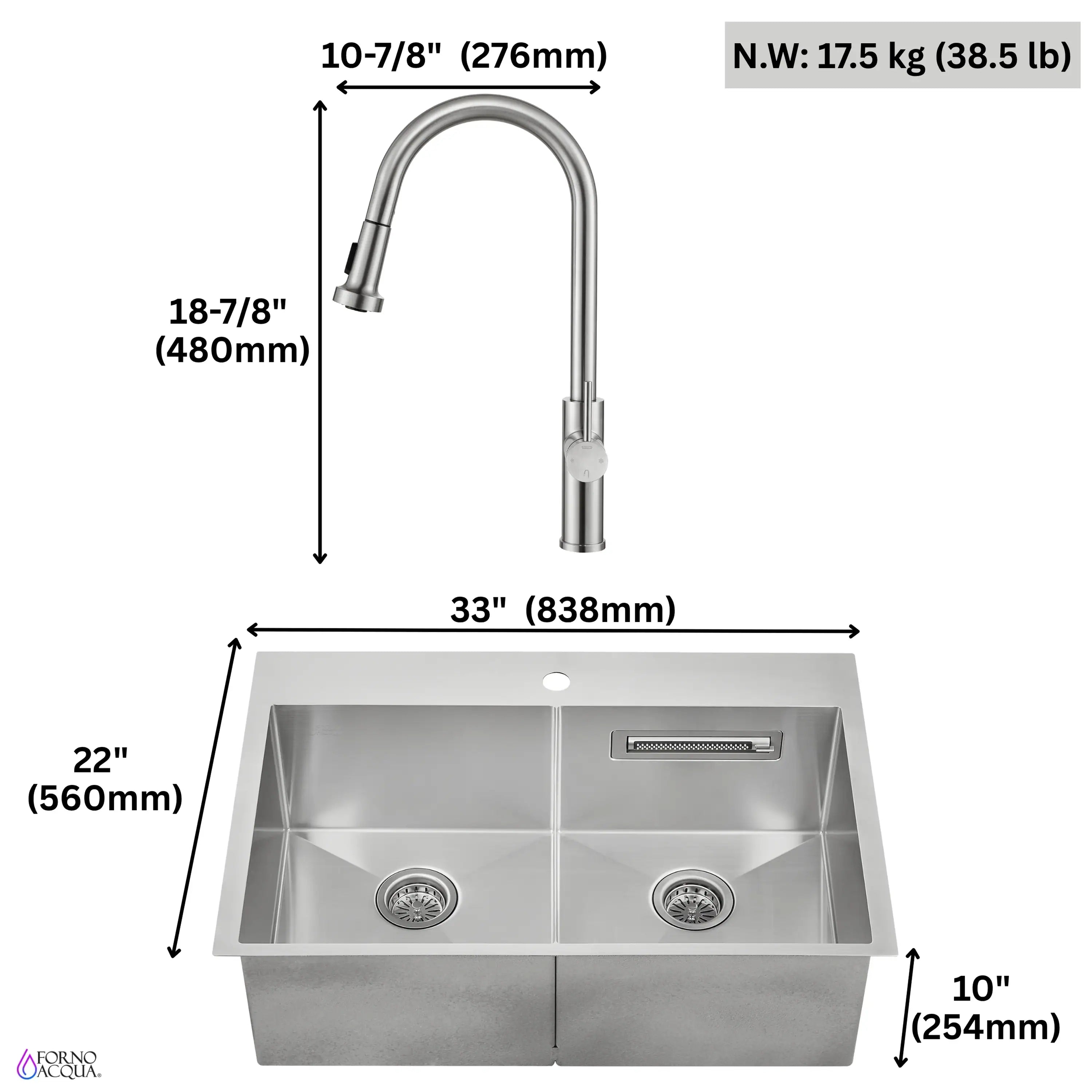 33-inch stainless steel double-bowl sink with center divider and drain holes