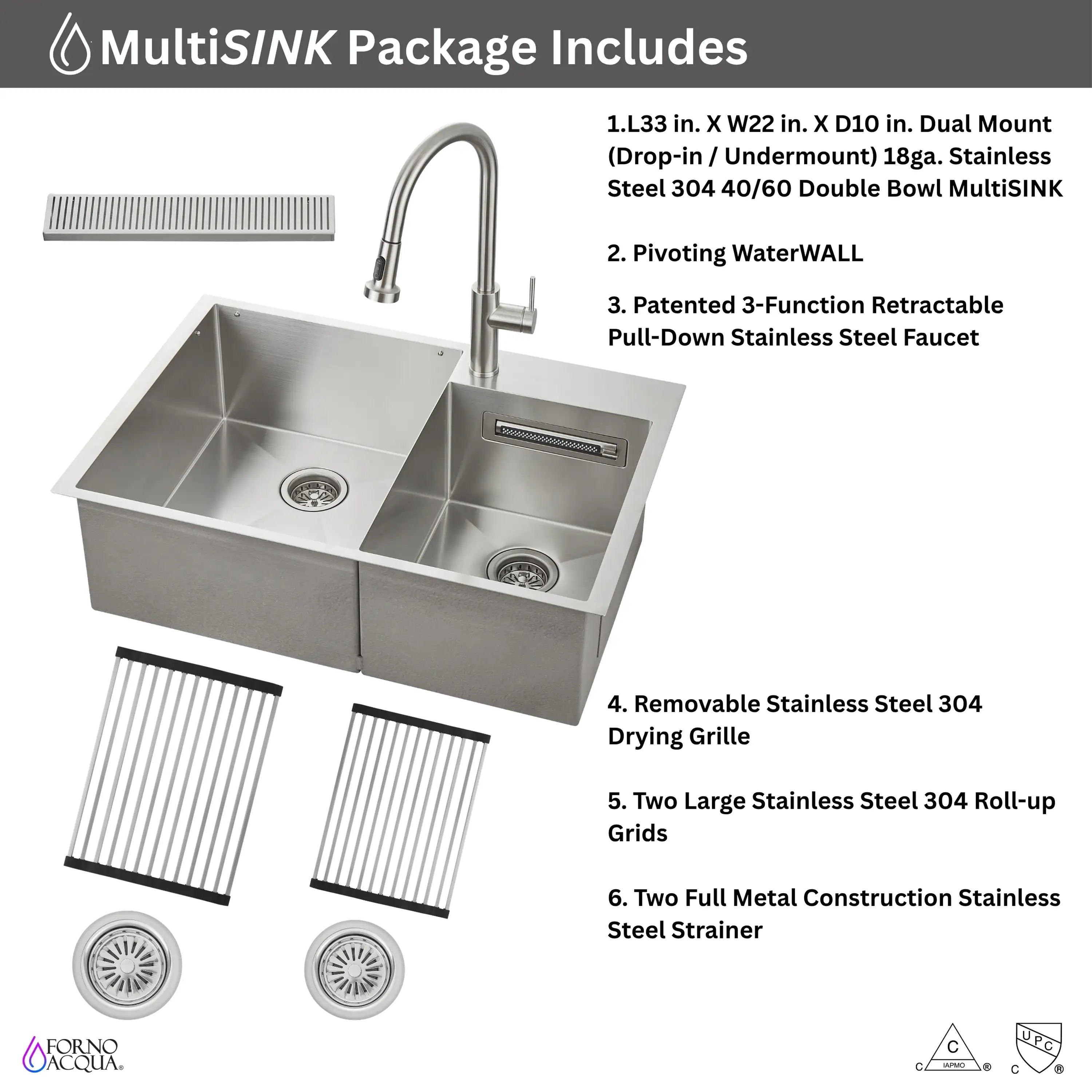 Stainless steel double-bowl sink set with retractable faucet and removable drain grilles