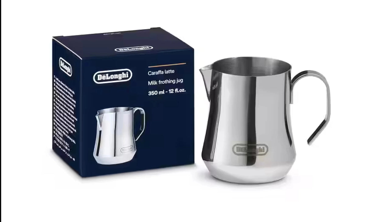 De'Longhi milk frothing pitcher with brushed stainless steel body and pouring spout