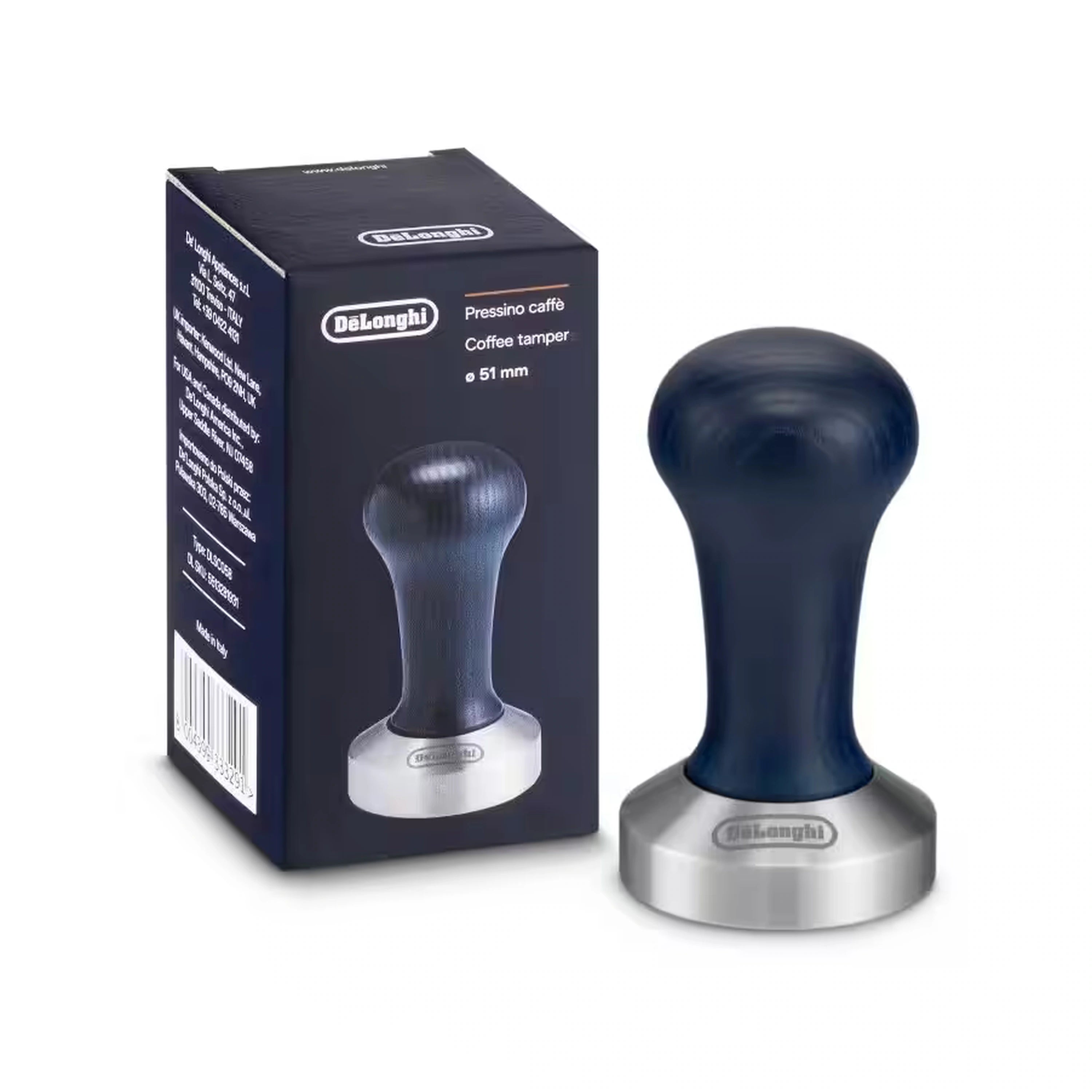 De'Longhi blue coffee tamper with flat base, DLSC058, for espresso dosing