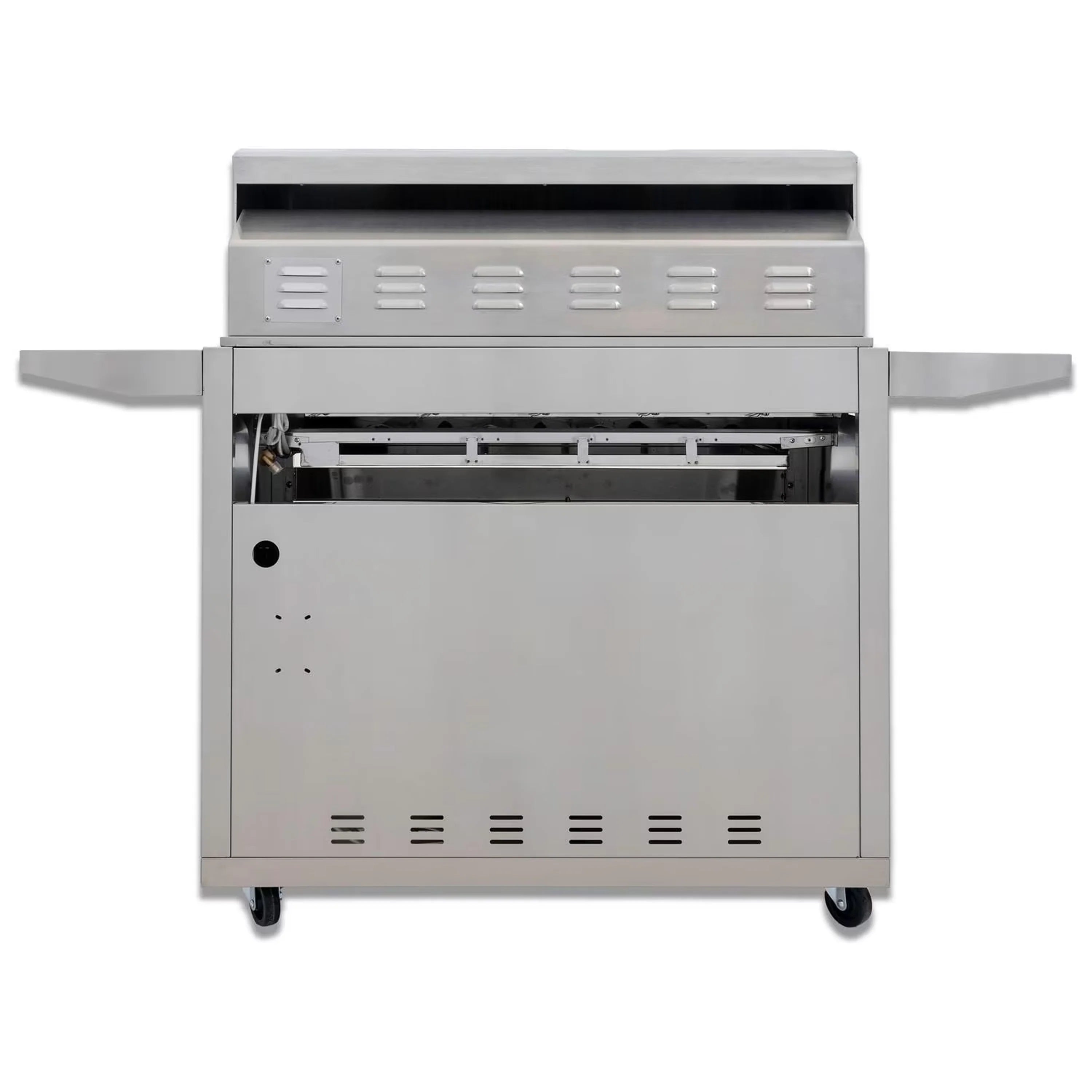 Stainless steel freestanding grill with front cabinet doors open for storage access