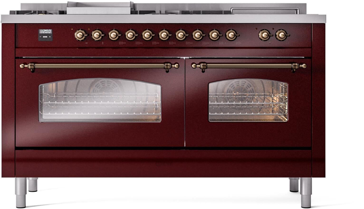 Burgundy ILVE dual fuel range with bronze knobs and two viewing windows on front