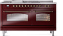 ILVE Nostalgie II 60-Inch Propane Gas Dual Fuel Range with 7 Burners, Griddle, & French Top with Triple Glass Door Oven in Burgundy with Bronze Trim (UP60FSNMPBUBLP)