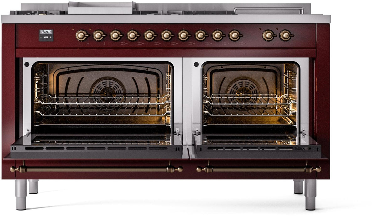 Burgundy ILVE dual fuel range with both oven doors open and lit racks inside