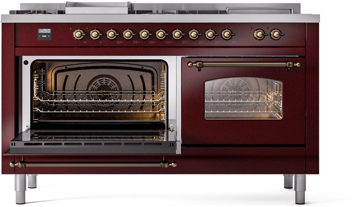 Burgundy ILVE dual fuel range with left oven open and right door window closed
