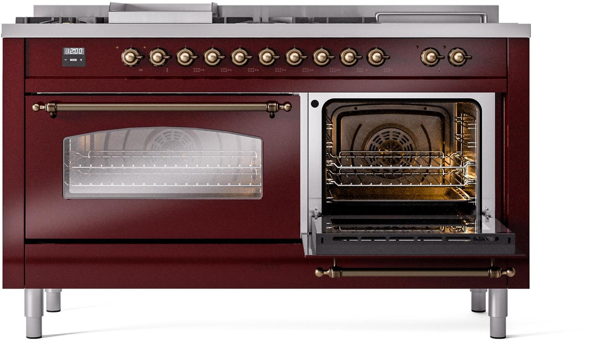 Burgundy dual fuel range with left oven door closed and right oven door open