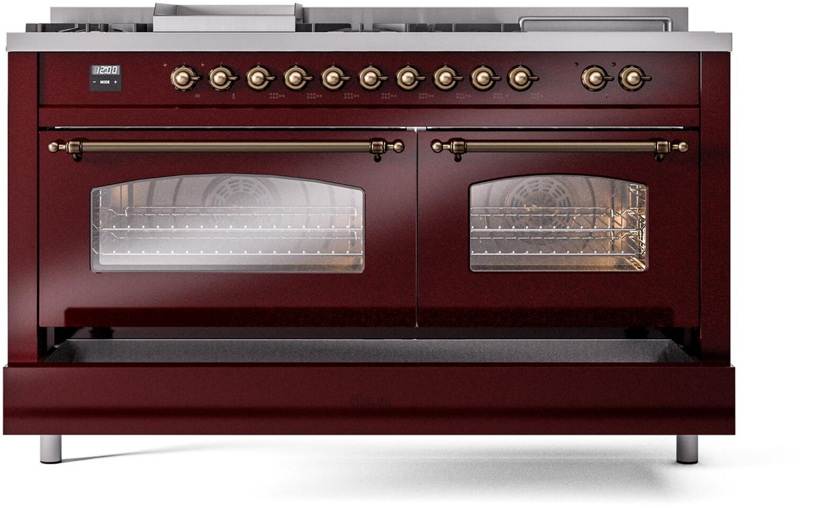 Burgundy ILVE dual fuel range with two closed oven doors and bronze control bar