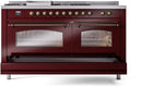 ILVE Nostalgie II 60-Inch Propane Gas Dual Fuel Range with 7 Burners, Griddle, & French Top with Triple Glass Door Oven in Burgundy with Bronze Trim (UP60FSNMPBUBLP)