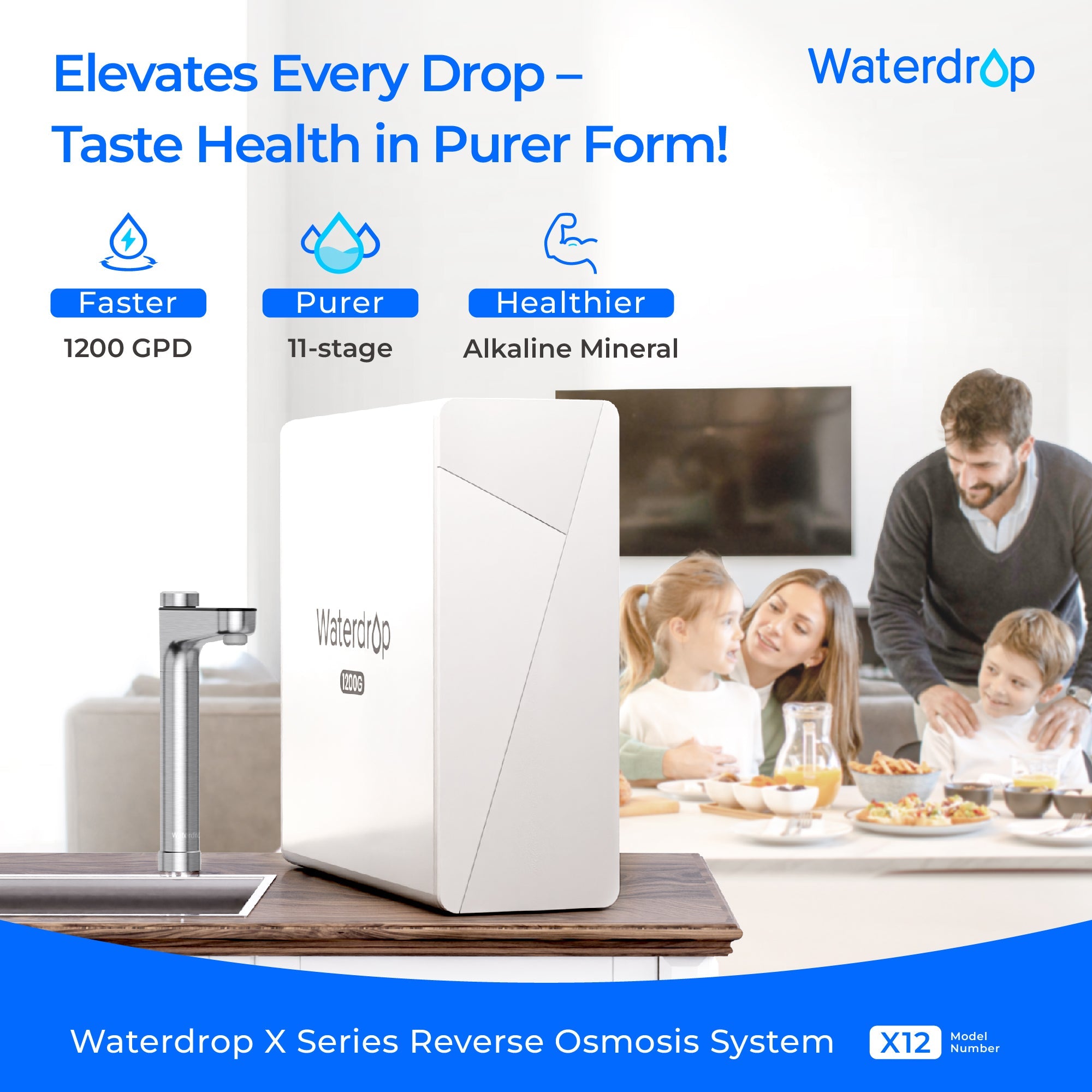 Undersink reverse osmosis water filter unit with vertical faucet and white RO housing