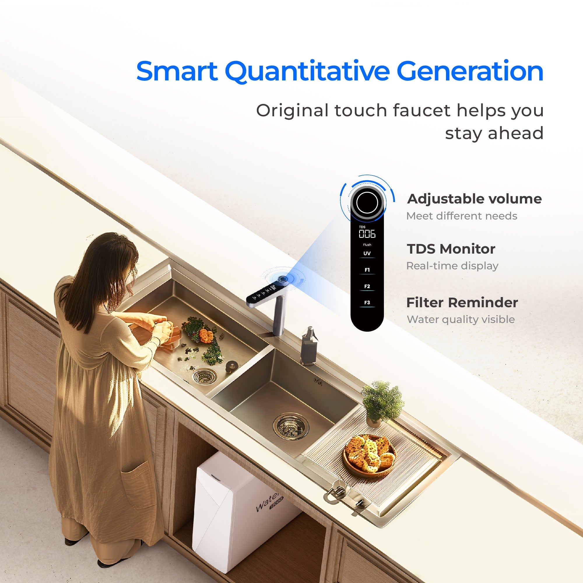 Under-sink reverse osmosis system under cabinet with faucet and control display module