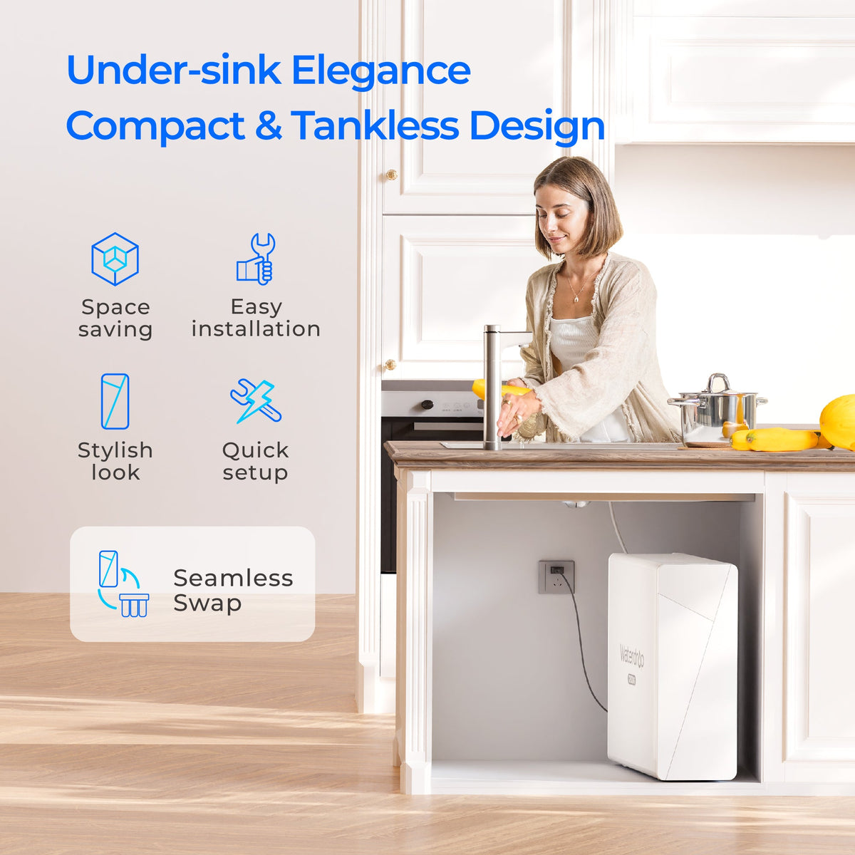 Under-sink reverse osmosis filter unit in white housing with faucet, tankless design