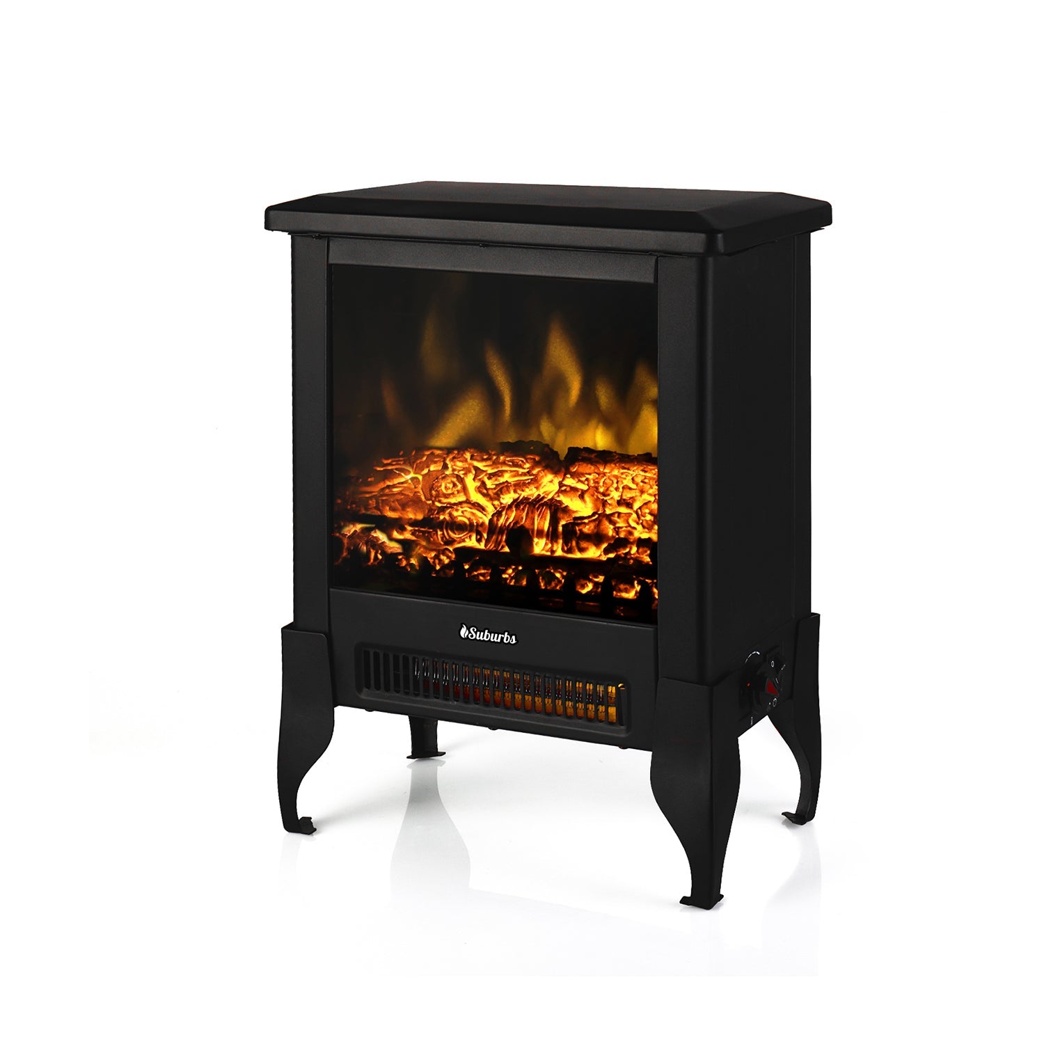 Black electric fireplace stove with realistic orange flames, glass front window and legs